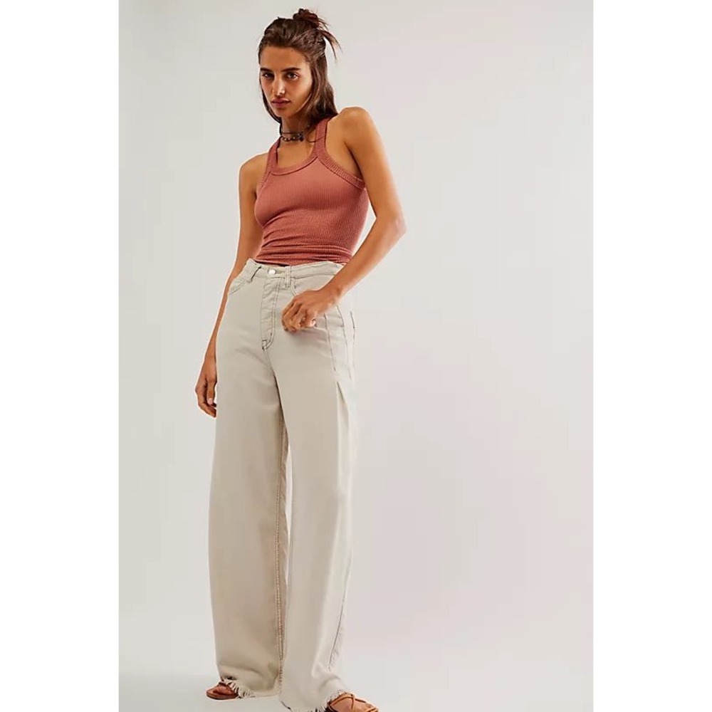 We The Free Old West Slouchy High Rise Wide Leg Jeans Off White Raw Hem 26